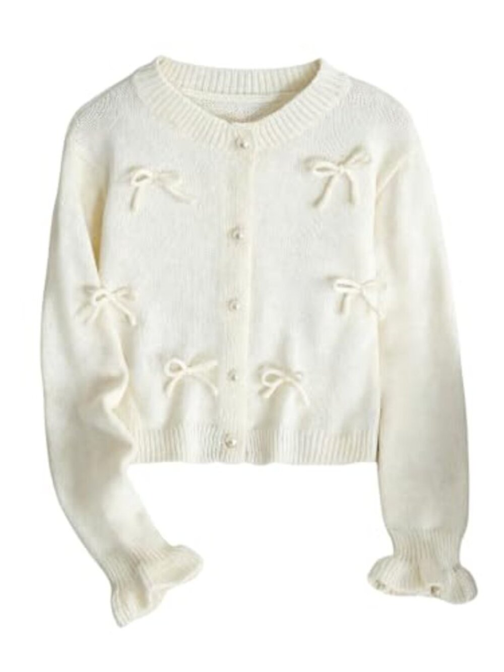 Girls 3D Bow Knit Cardigan Button Down Long Sleeve Crew Neck Sweater Top